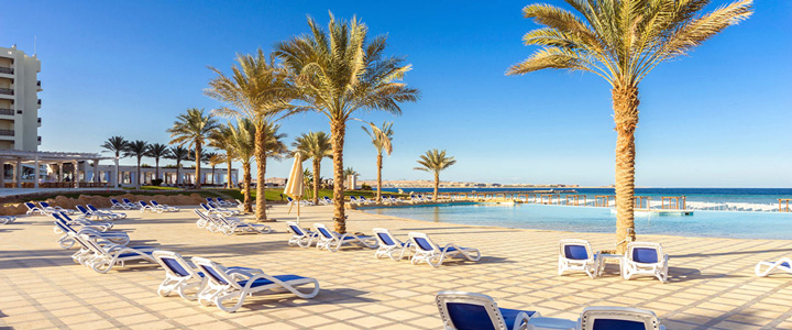 Vom Liegebereich öffnet sich der Blick über den türkis schimmernden Pool und Palmen hinweg bis zum dahinterliegenden Roten Meer im Hintergrund.